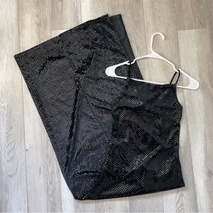 Y2K Maxi Dress sequin dotted high neck slit womens Black small vintage glam 90s